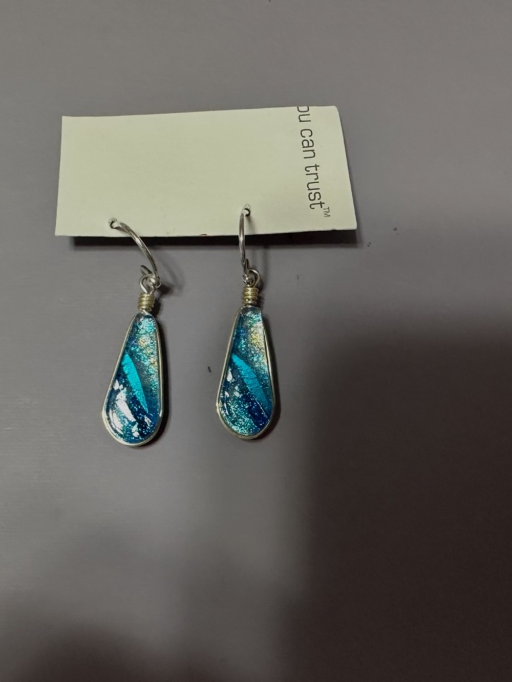 Blue & Silver Dichroic Glass Teardrop Dangle Earrings Never Worn